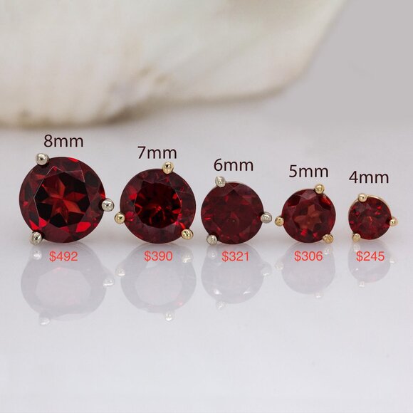 Red Garnet Studs Solid 14K Gold | 6mm Solitaire Studs | 4-8mm sizes available - Picture 4 of 10